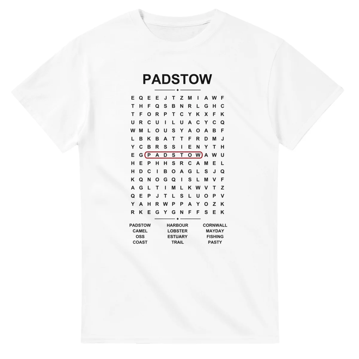 Word-search sheet for Padstow, with a large place-name heading, a letter grid, a local answer list, and a red highlighted example word.