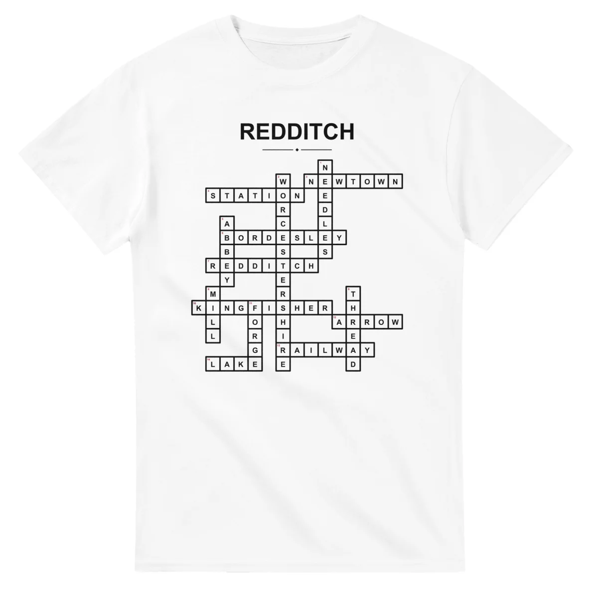 Monochrome crossword sheet for Redditch, with a large place-name heading, a letter grid, and numbered across and down clues.