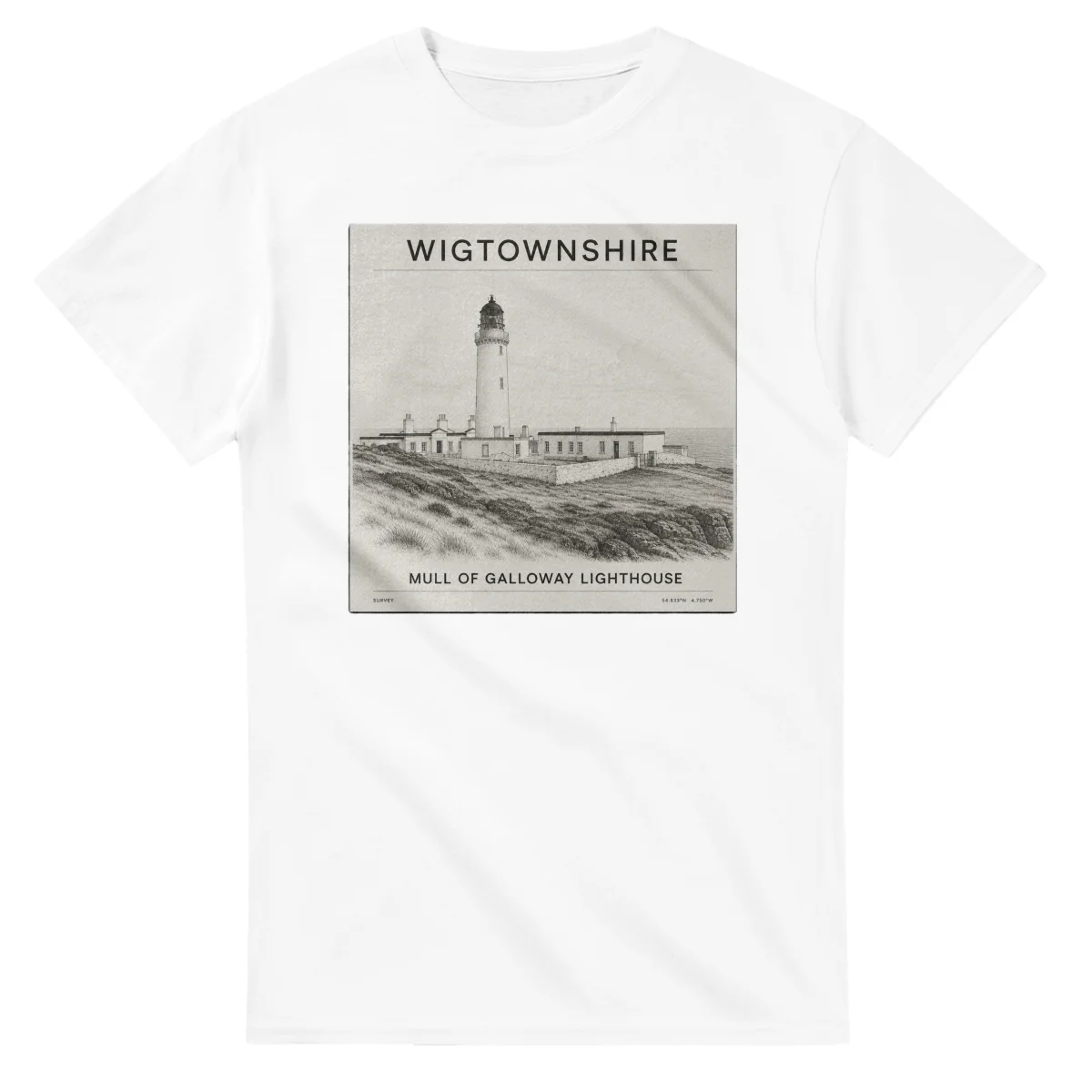 Fine-line engraving-style drawing for Wigtownshire, with a landmark caption and small coordinate text.