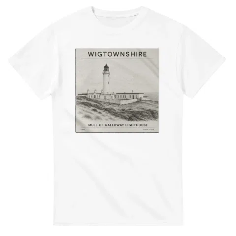 Fine-line engraving-style drawing for Wigtownshire, with a landmark caption and small coordinate text.