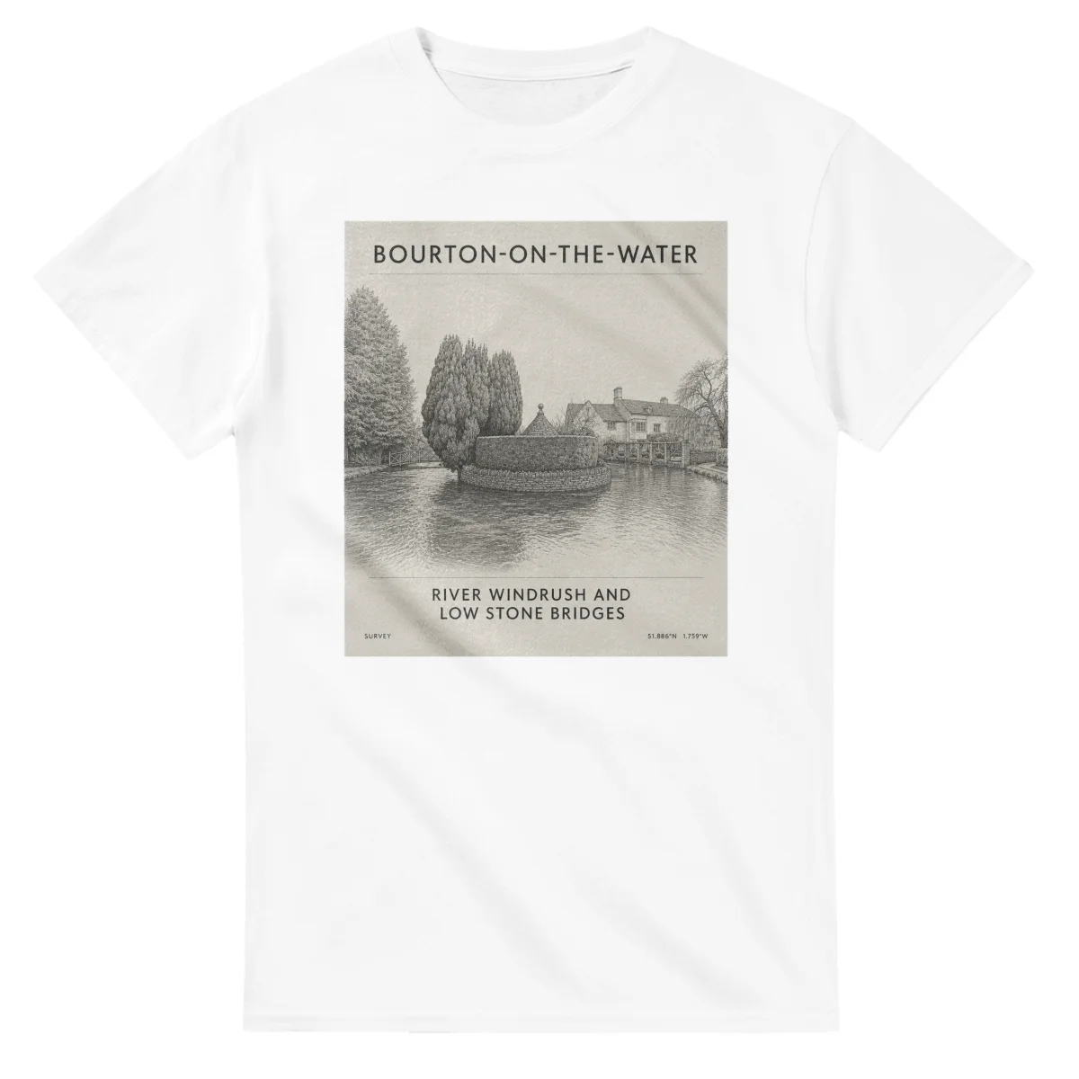 Fine-line engraving-style drawing for Bourton-on-the-Water, with a landmark caption and small coordinate text.