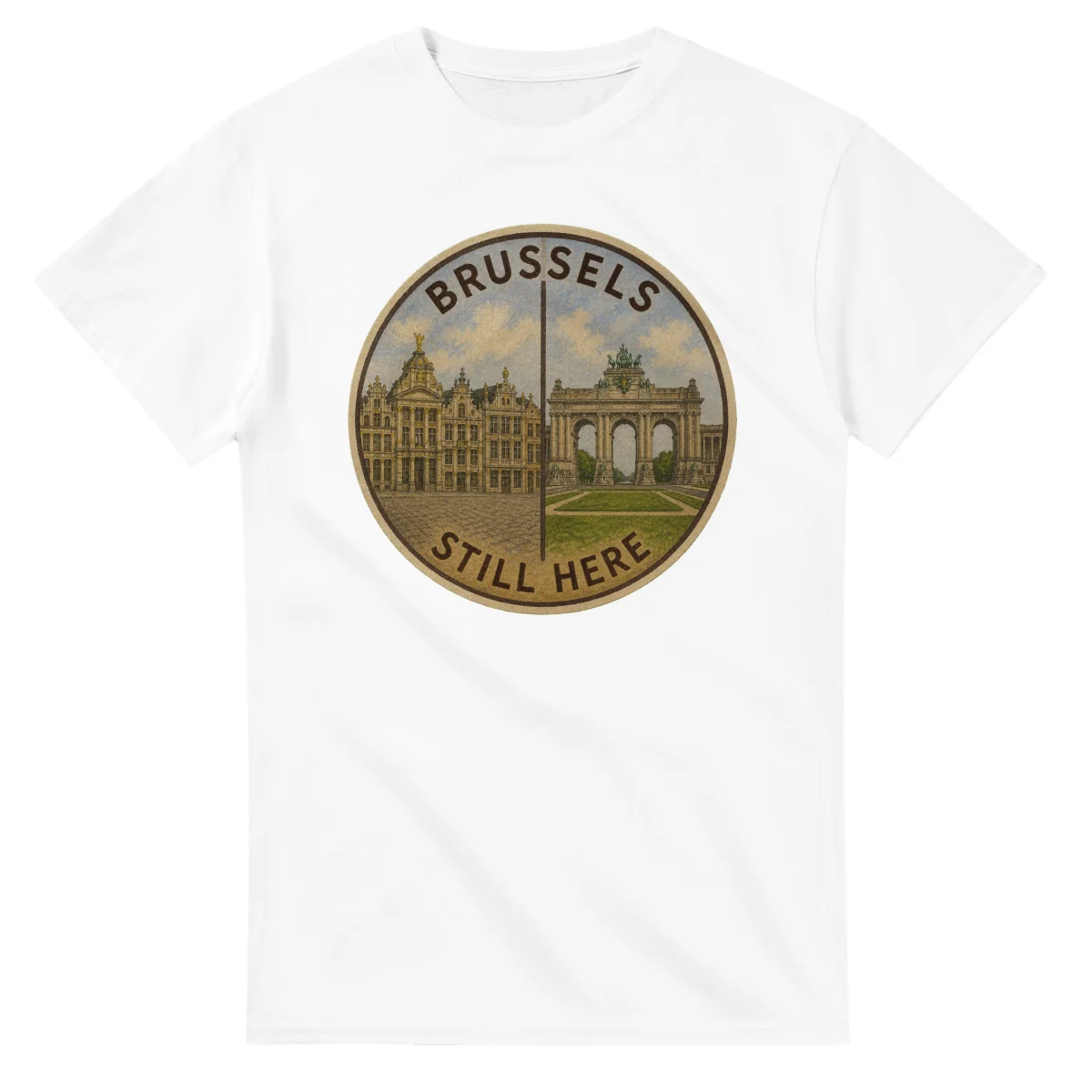 Painted, panelled scenic illustration for Brussels, with paired local scenes and the place name in lettering.