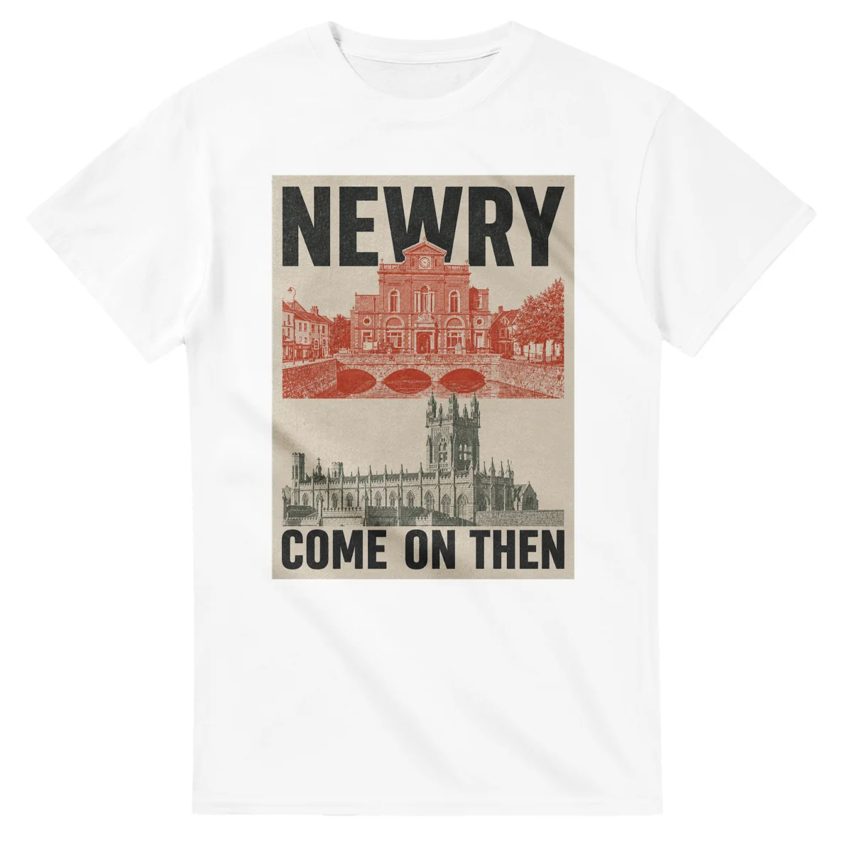 Two-colour scenic illustration for Newry, with the place name and COME ON THEN lettering.