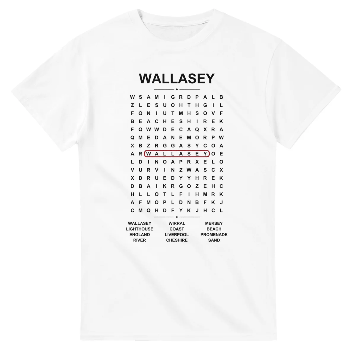 Word-search sheet for Wallasey, with a large place-name heading, a letter grid, a local answer list, and a red highlighted example word.