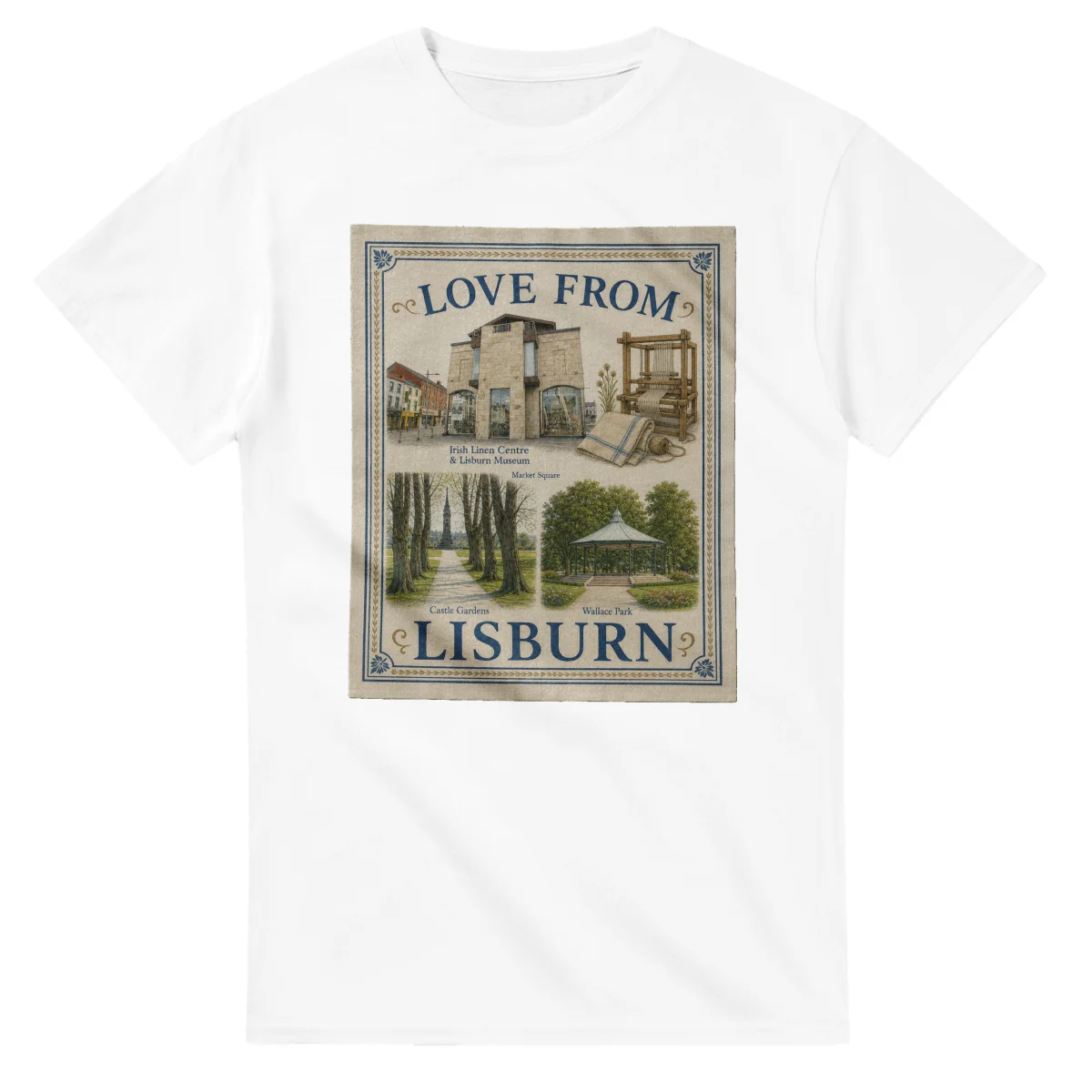 Framed scenic design for Lisburn, with several local views, a decorative border and LOVE FROM lettering.