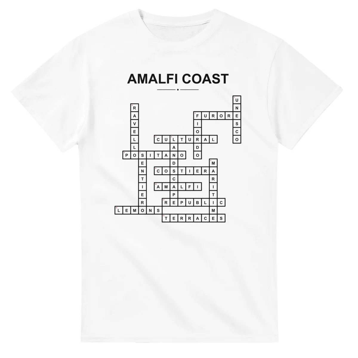 Monochrome crossword sheet for Amalfi Coast, with a large place-name heading, a letter grid, and numbered across and down clues.