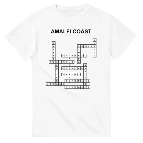 Monochrome crossword sheet for Amalfi Coast, with a large place-name heading, a letter grid, and numbered across and down clues.