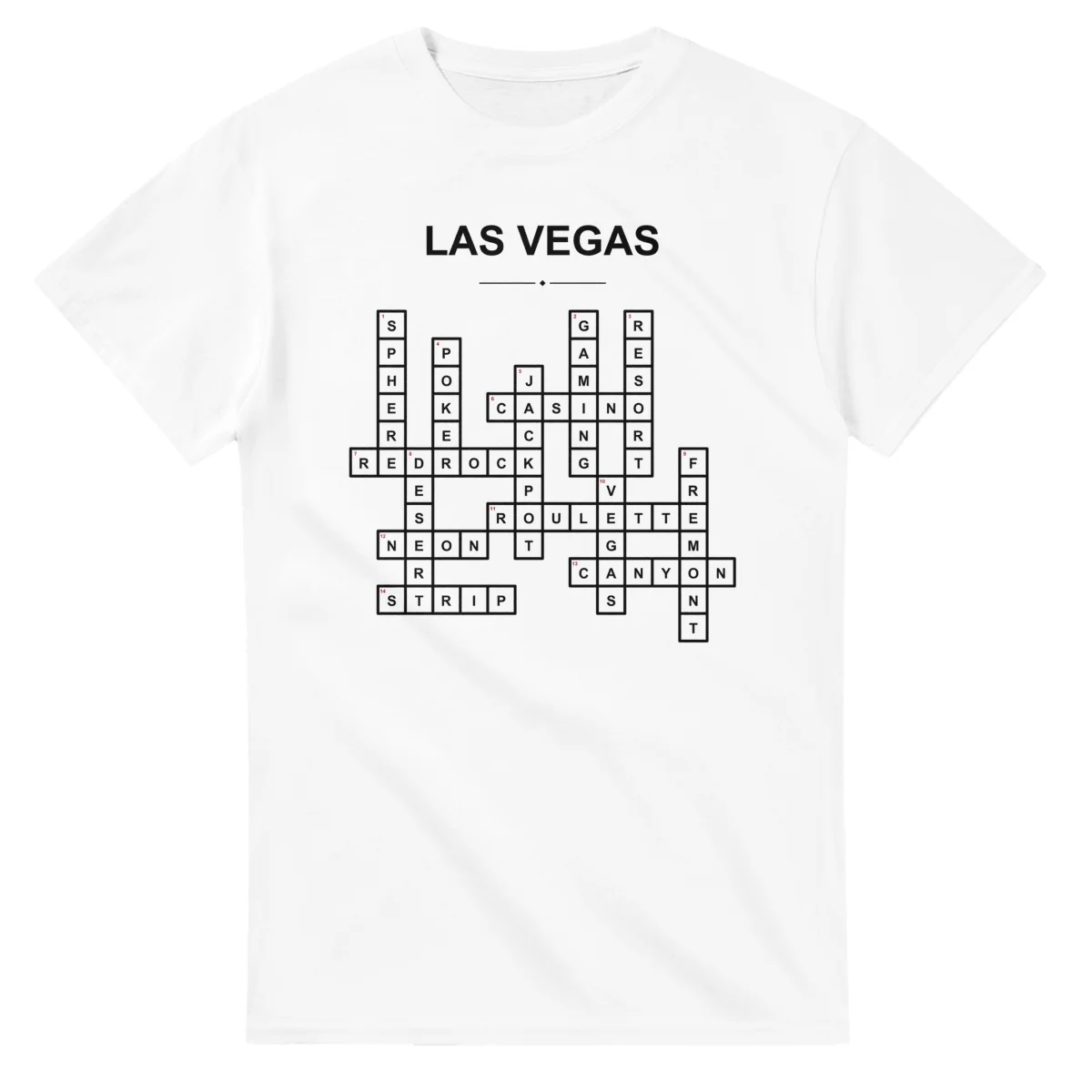 Monochrome crossword sheet for Las Vegas, with a large place-name heading, a letter grid, and numbered across and down clues.