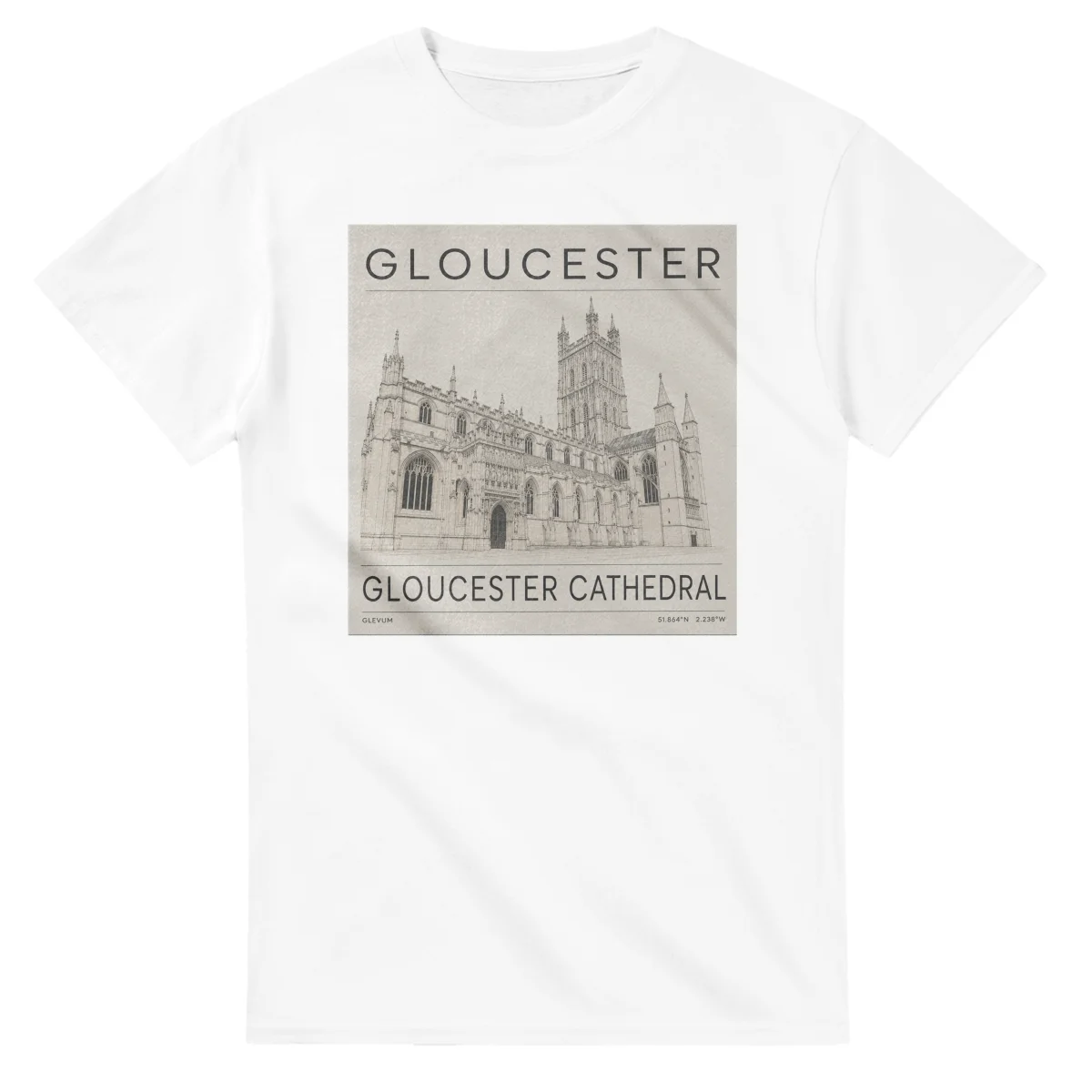 Fine-line engraving-style drawing for Gloucester, with a landmark caption and small coordinate text.