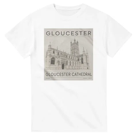 Fine-line engraving-style drawing for Gloucester, with a landmark caption and small coordinate text.
