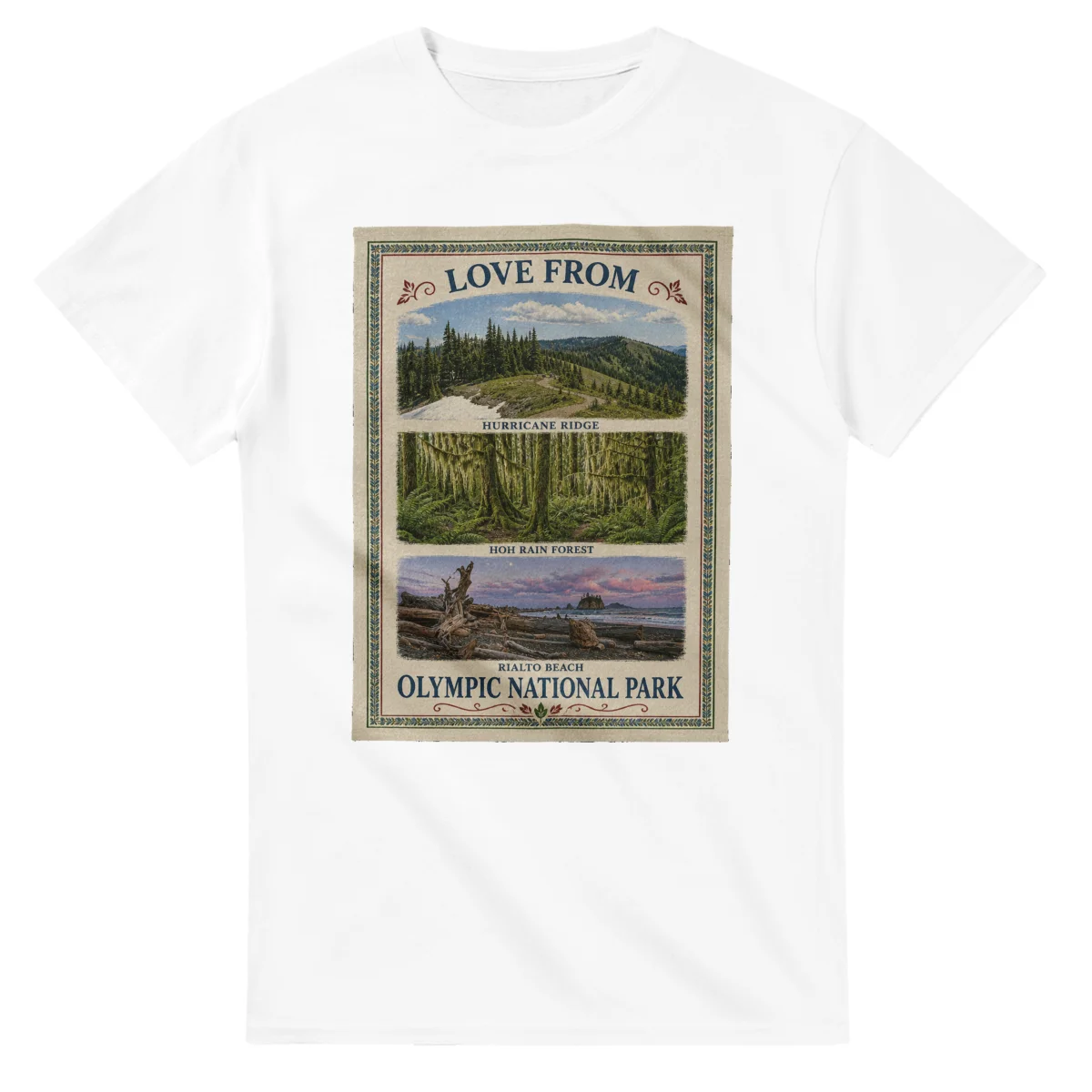 Framed scenic design for Olympic National Park, with several local views, a decorative border and LOVE FROM lettering.