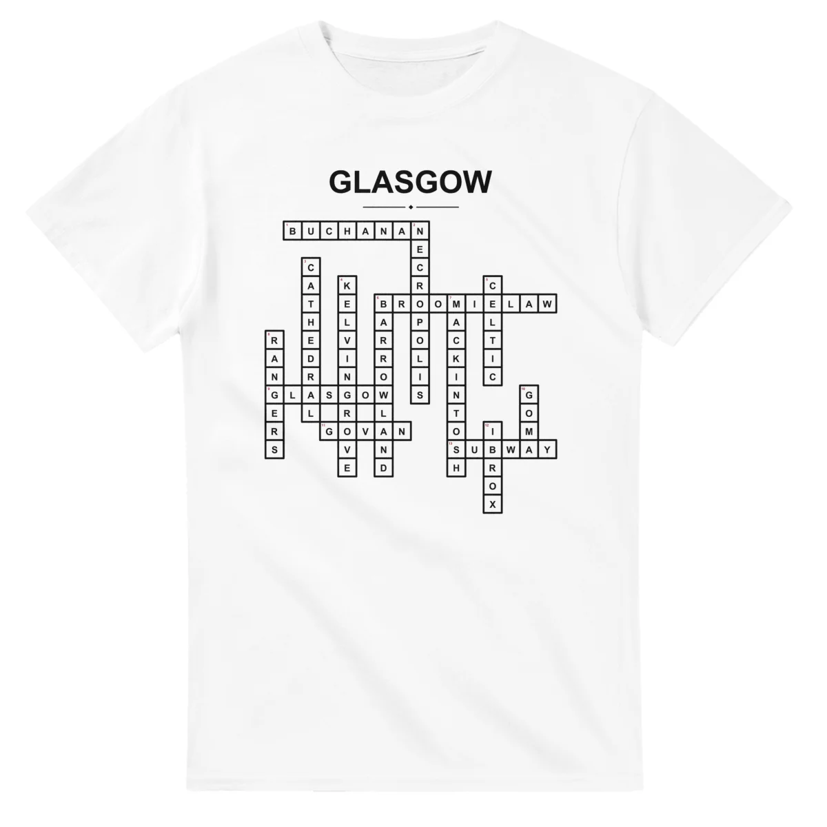 Monochrome crossword sheet for Glasgow, with a large place-name heading, a letter grid, and numbered across and down clues.