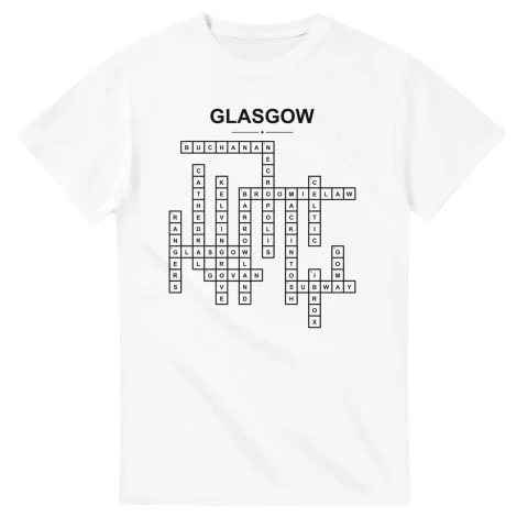 Monochrome crossword sheet for Glasgow, with a large place-name heading, a letter grid, and numbered across and down clues.