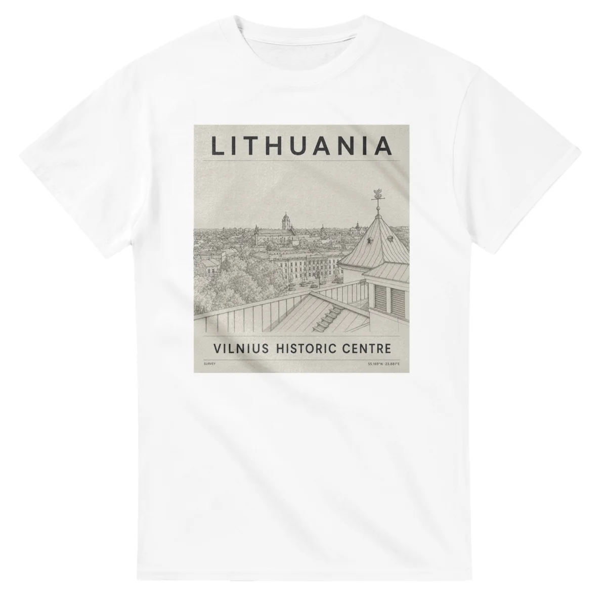 Fine-line engraving-style drawing for Lithuania, with a landmark caption and small coordinate text.