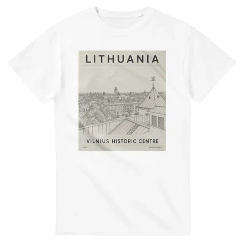 Fine-line engraving-style drawing for Lithuania, with a landmark caption and small coordinate text.