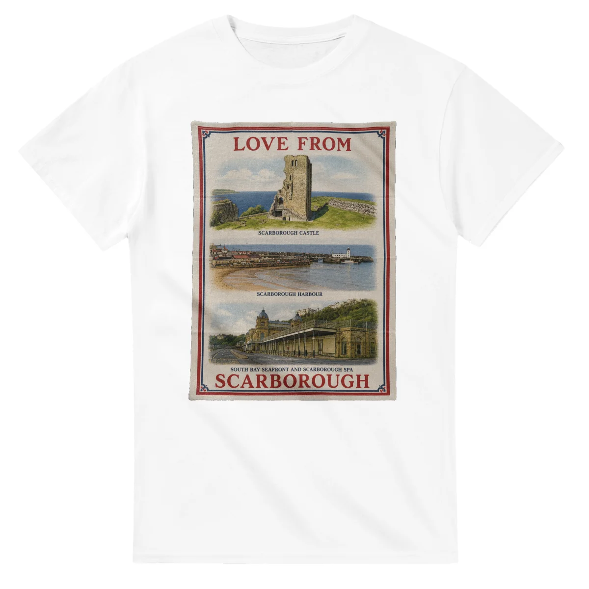 Framed scenic design for Scarborough, with several local views, a decorative border and LOVE FROM lettering.