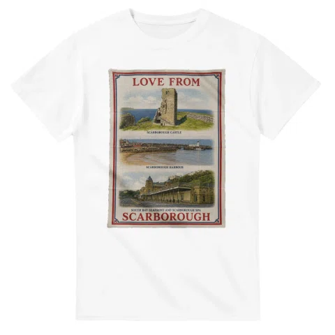 Framed scenic design for Scarborough, with several local views, a decorative border and LOVE FROM lettering.