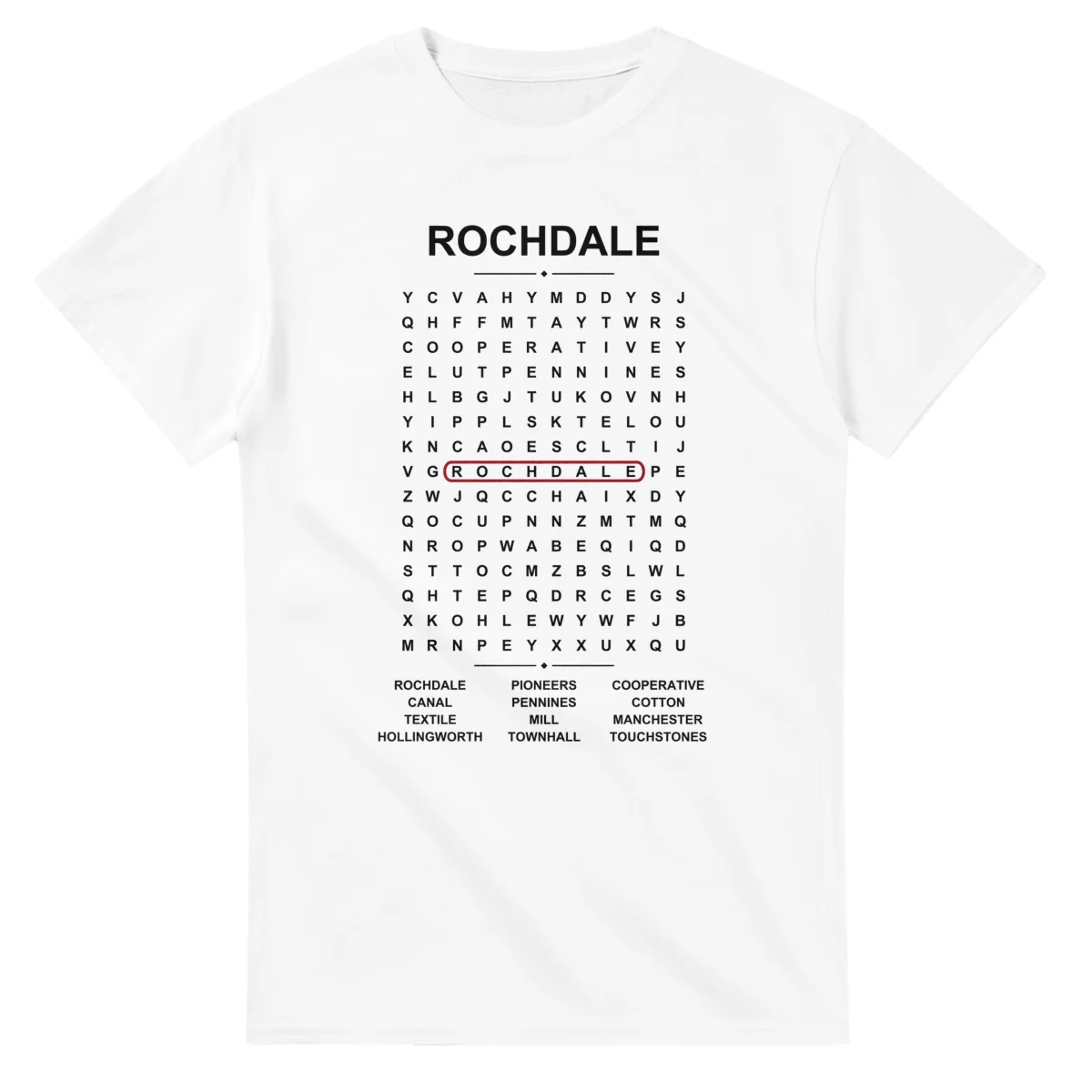 Word-search sheet for Rochdale, with a large place-name heading, a letter grid, a local answer list, and a red highlighted example word.