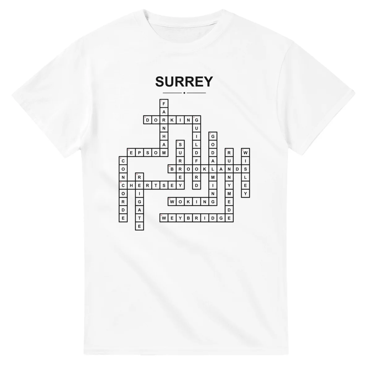 Monochrome crossword sheet for Surrey, with a large place-name heading, a letter grid, and numbered across and down clues.