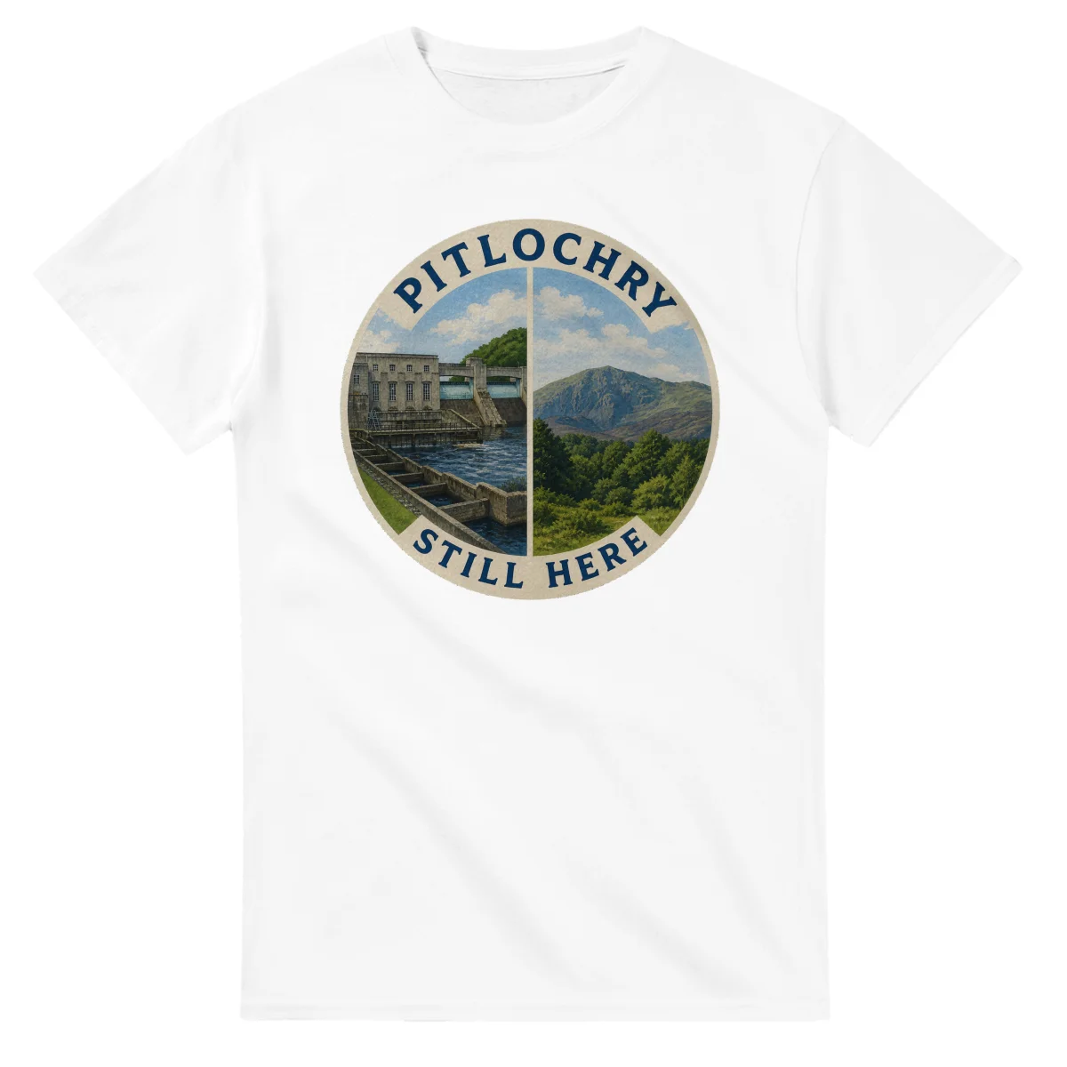 Painted, panelled scenic illustration for Pitlochry, with paired local scenes and the place name in lettering.