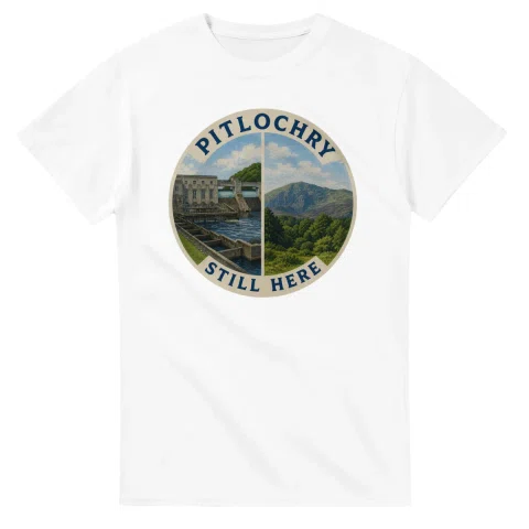 Painted, panelled scenic illustration for Pitlochry, with paired local scenes and the place name in lettering.