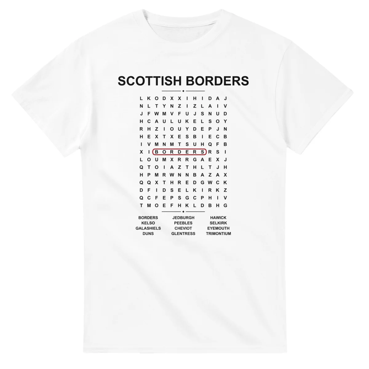 Word-search sheet for Scottish Borders, with a large place-name heading, a letter grid, a local answer list, and a red highlighted example word.