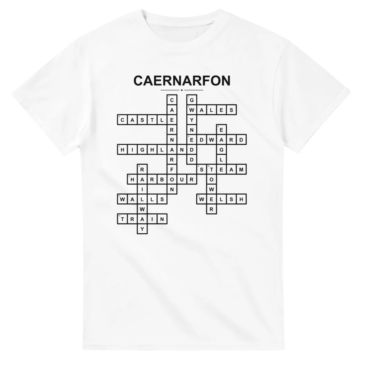 Monochrome crossword sheet for Caernarfon, with a large place-name heading, a letter grid, and numbered across and down clues.