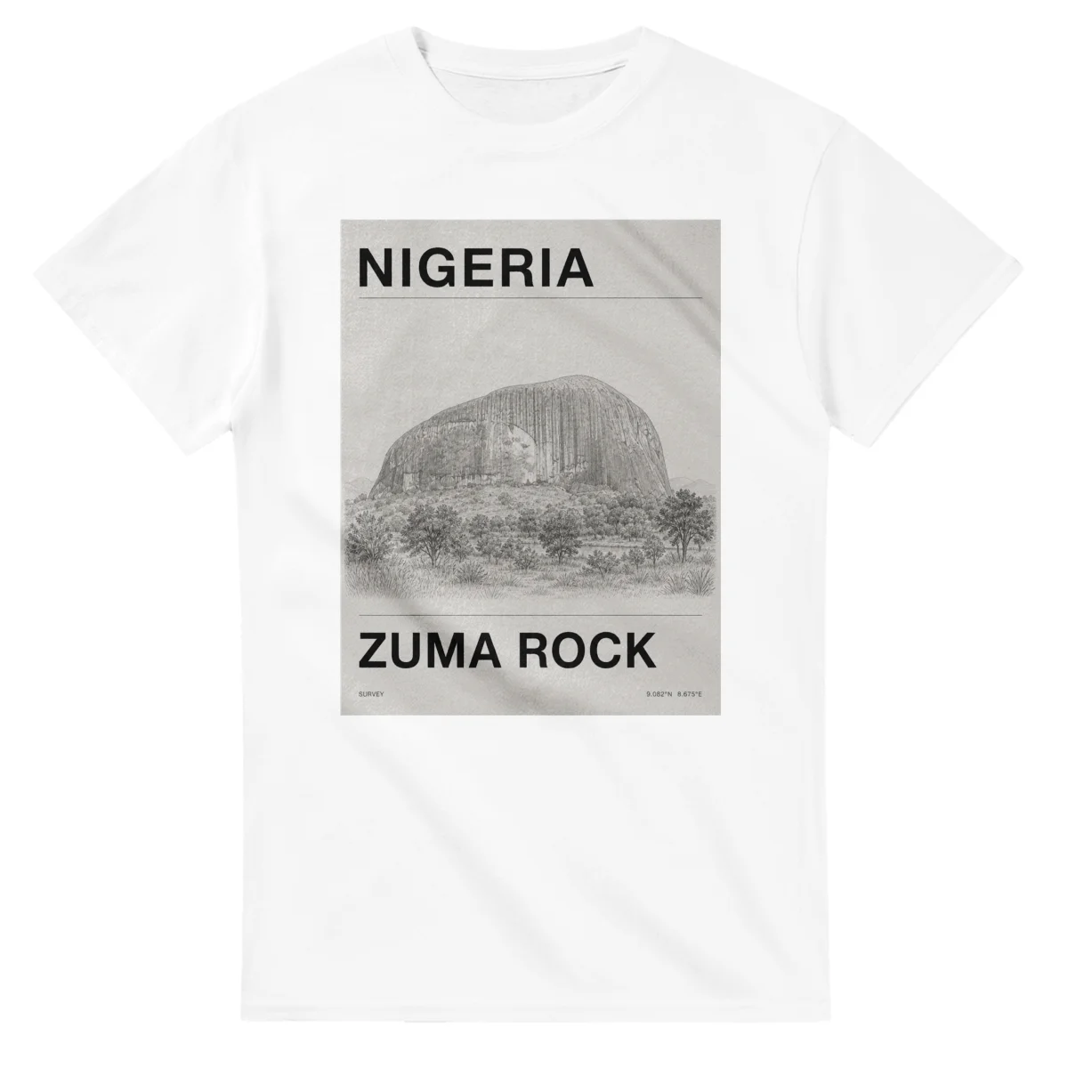 Fine-line engraving-style drawing for Nigeria, with a landmark caption and small coordinate text.