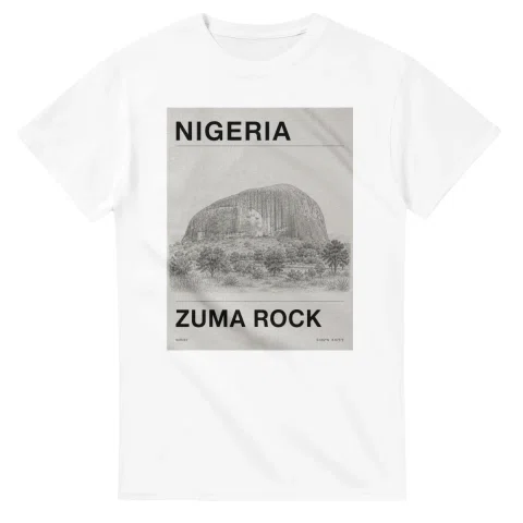 Fine-line engraving-style drawing for Nigeria, with a landmark caption and small coordinate text.