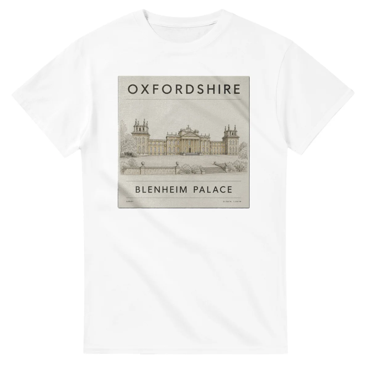 Fine-line engraving-style drawing for Oxfordshire, with a landmark caption and small coordinate text.