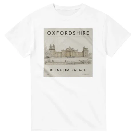 Fine-line engraving-style drawing for Oxfordshire, with a landmark caption and small coordinate text.