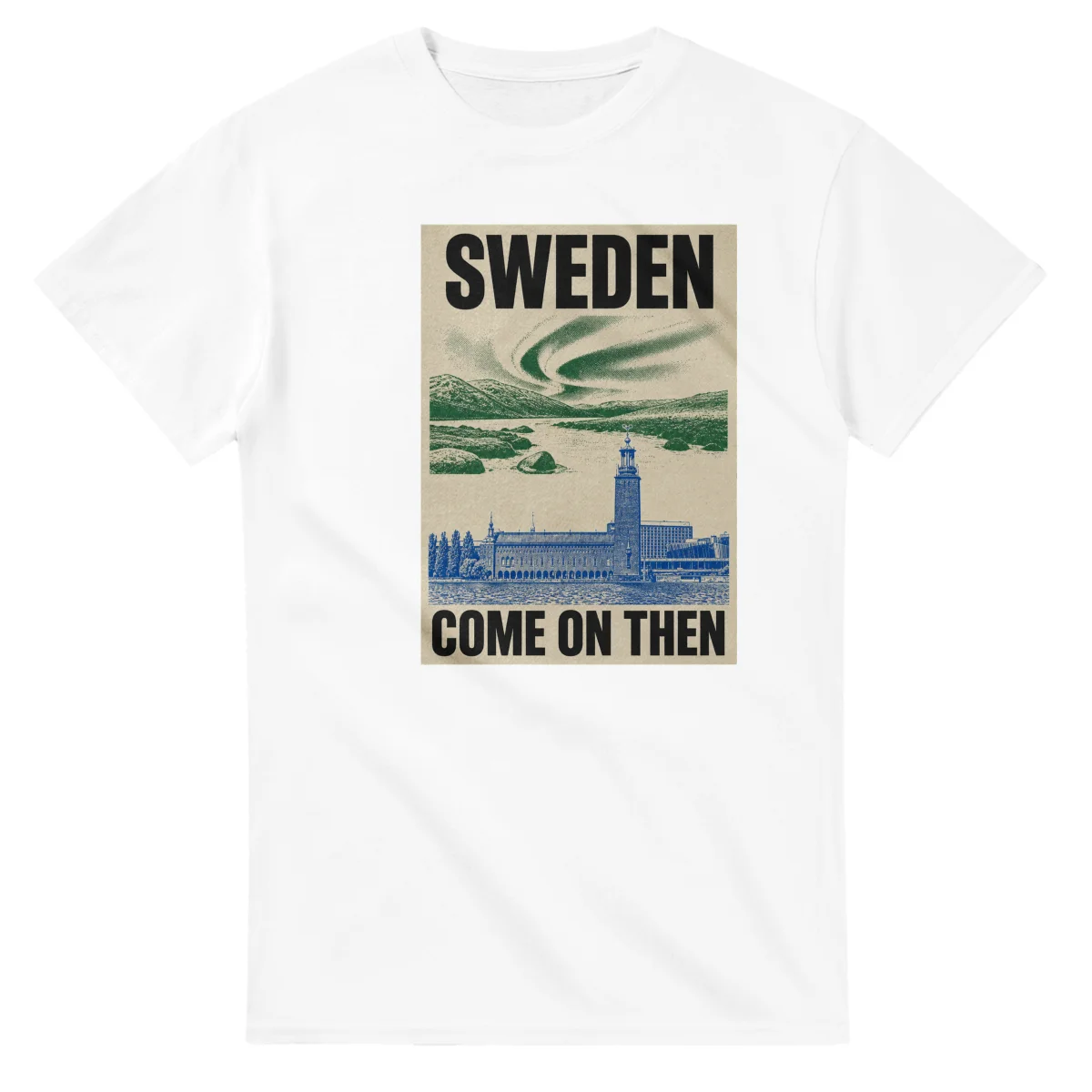 Two-colour scenic illustration for Sweden, with the place name and COME ON THEN lettering.