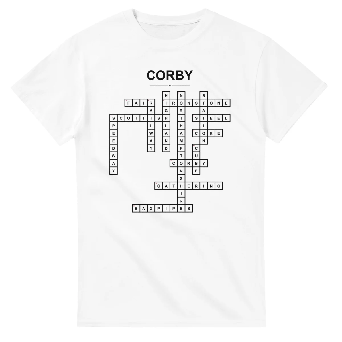Monochrome crossword sheet for Corby, with a large place-name heading, a letter grid, and numbered across and down clues.