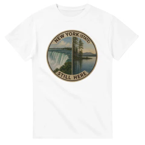 Painted, panelled scenic illustration for New York (state), with paired local scenes and the place name in lettering.