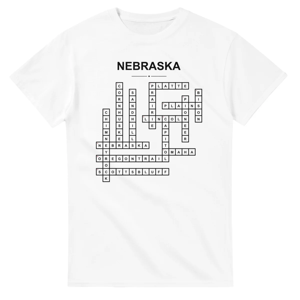 Monochrome crossword sheet for Nebraska, with a large place-name heading, a letter grid, and numbered across and down clues.