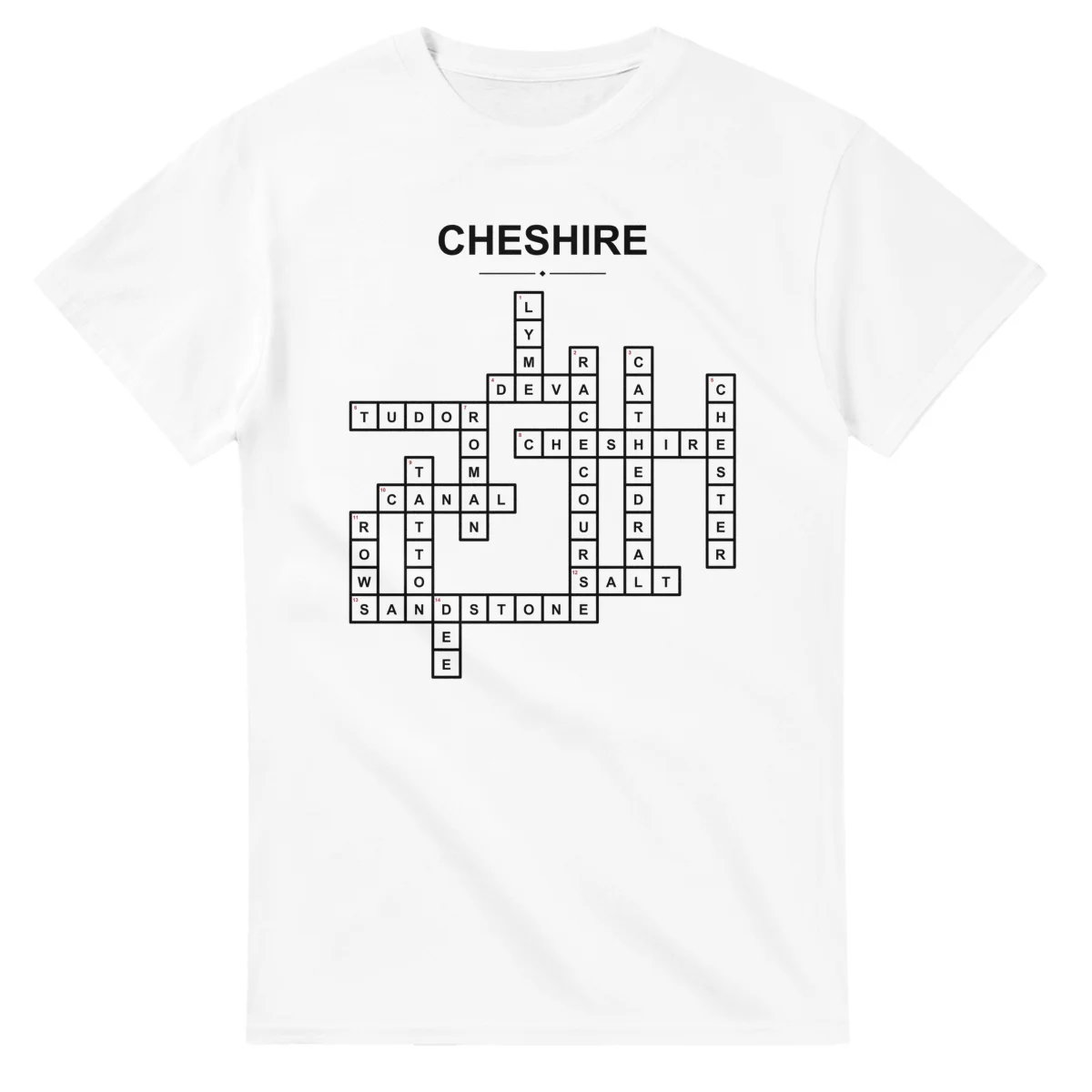 Monochrome crossword sheet for Cheshire, with a large place-name heading, a letter grid, and numbered across and down clues.