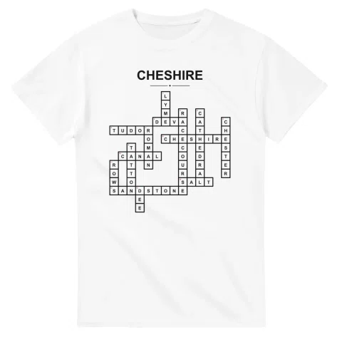 Monochrome crossword sheet for Cheshire, with a large place-name heading, a letter grid, and numbered across and down clues.