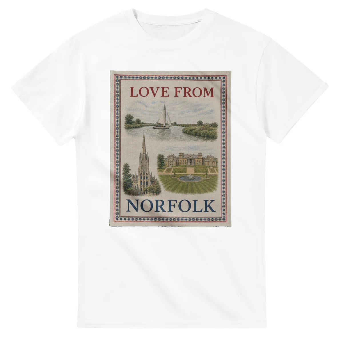 Framed scenic design for Norfolk, with several local views, a decorative border and LOVE FROM lettering.