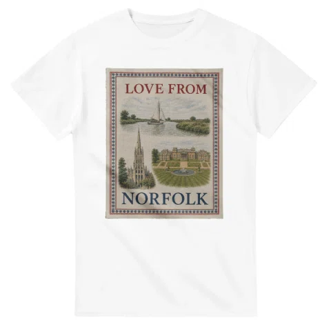 Framed scenic design for Norfolk, with several local views, a decorative border and LOVE FROM lettering.