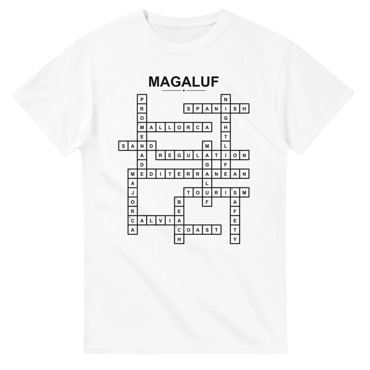 Monochrome crossword sheet for Magaluf, with a large place-name heading, a letter grid, and numbered across and down clues.