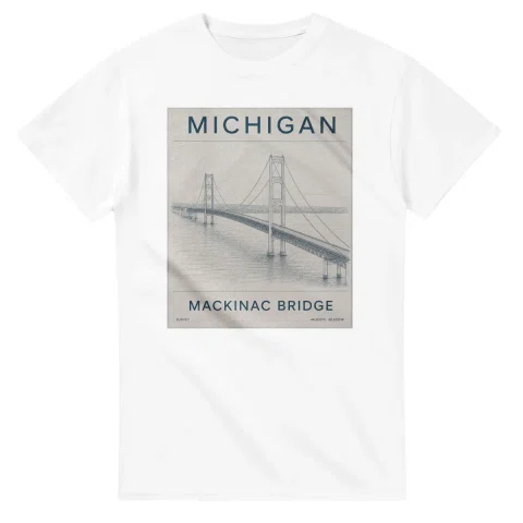 Fine-line engraving-style drawing for Michigan, with a landmark caption and small coordinate text.