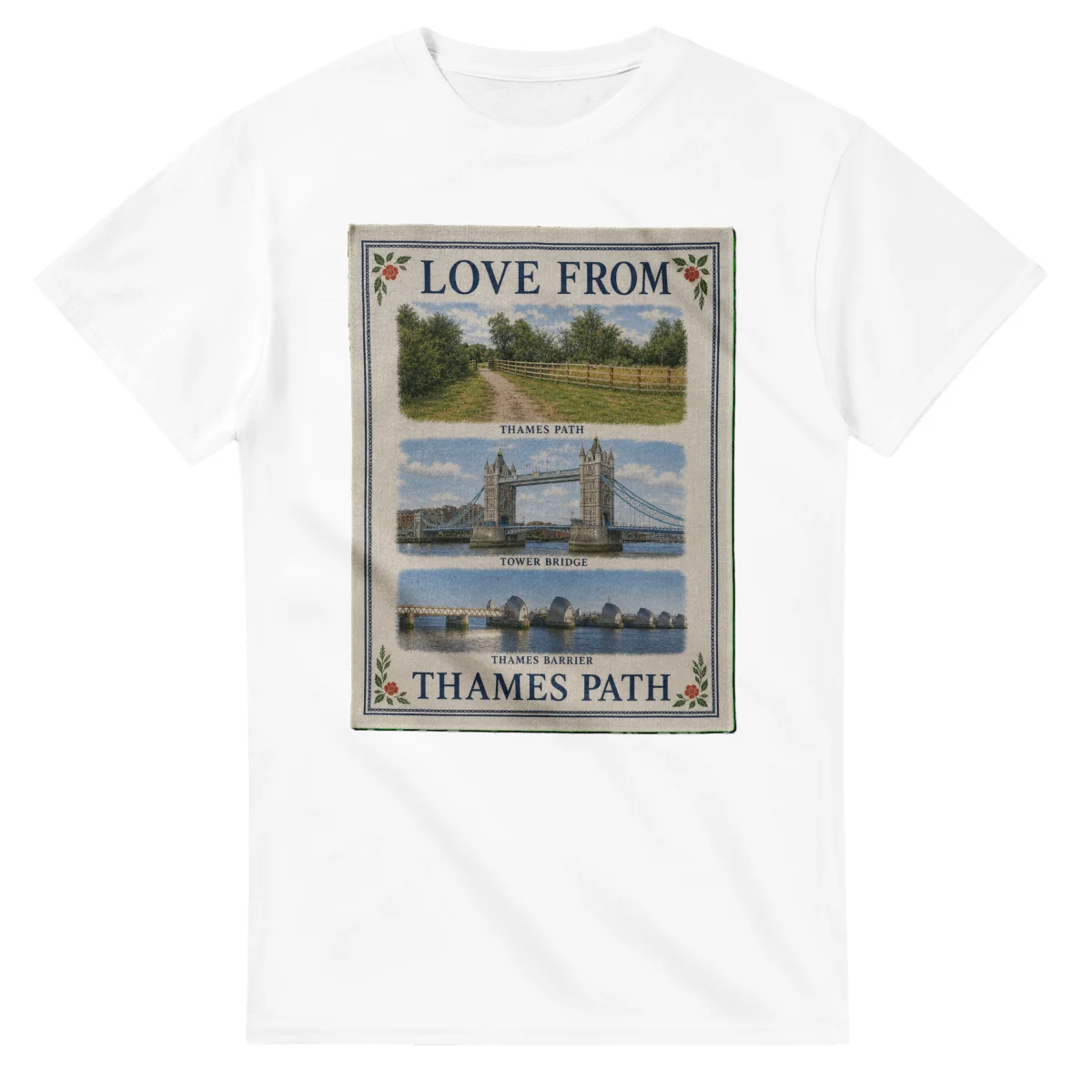 Framed scenic design for Thames Path, with several local views, a decorative border and LOVE FROM lettering.