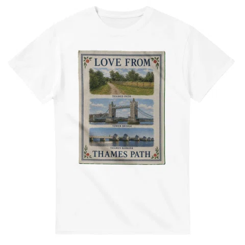 Framed scenic design for Thames Path, with several local views, a decorative border and LOVE FROM lettering.