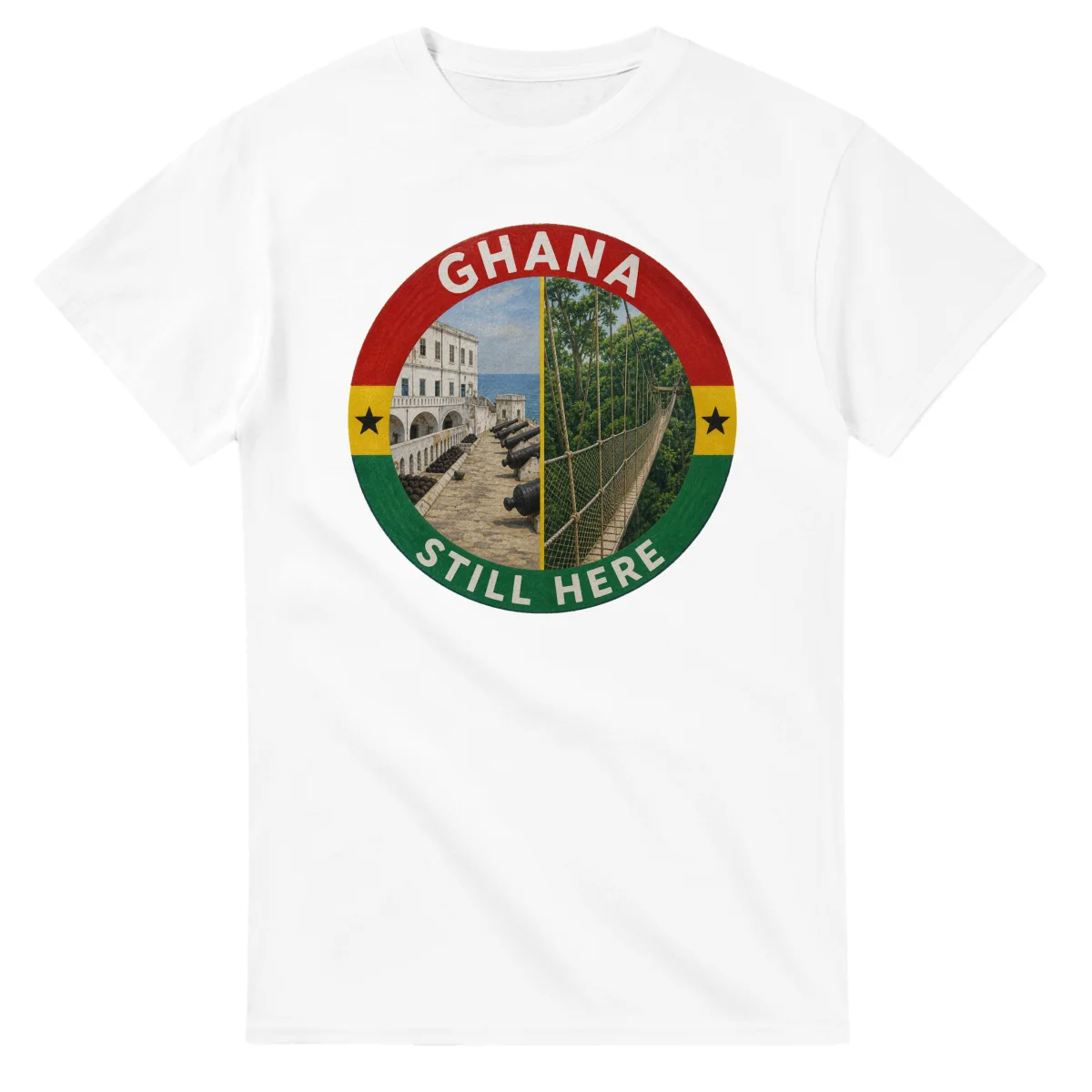 Painted, panelled scenic illustration for Ghana, with paired local scenes and the place name in lettering.