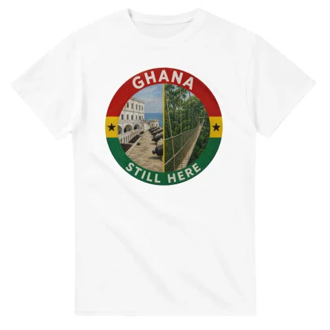 Painted, panelled scenic illustration for Ghana, with paired local scenes and the place name in lettering.