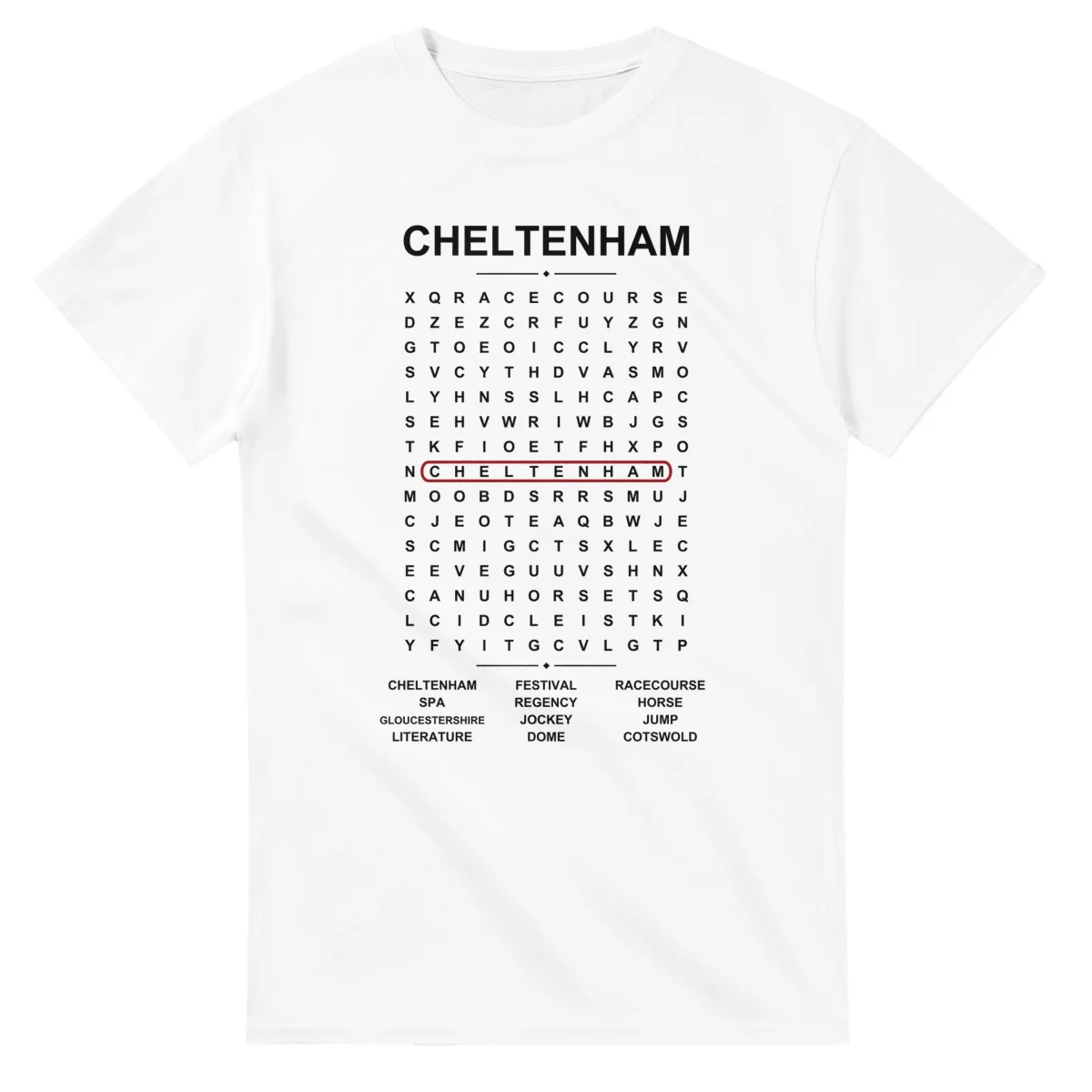 Word-search sheet for Cheltenham, with a large place-name heading, a letter grid, a local answer list, and a red highlighted example word.