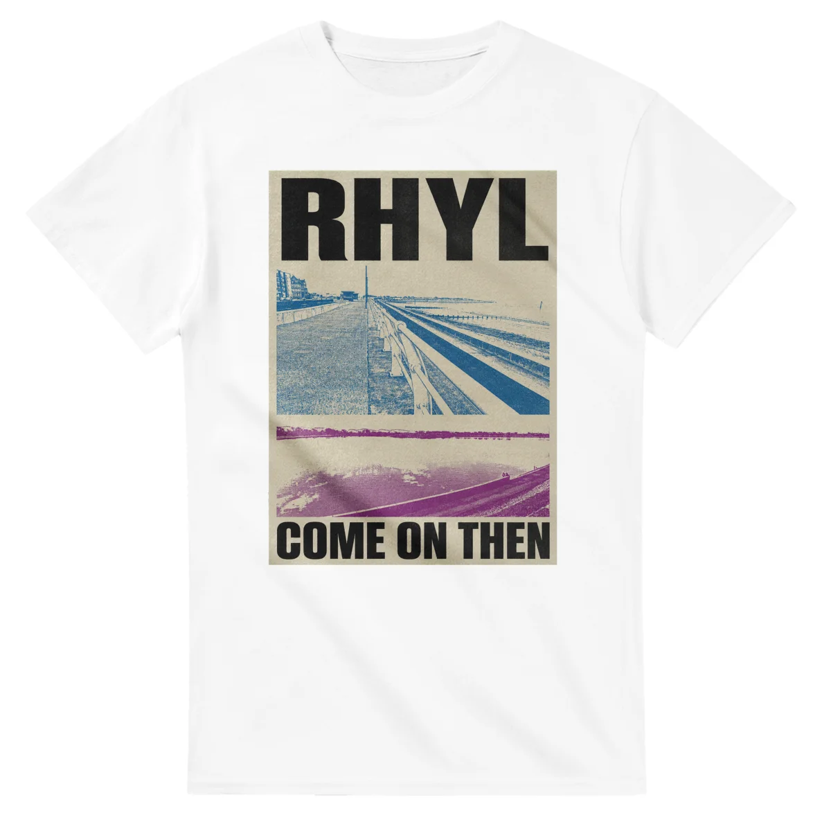 Two-colour scenic illustration for Rhyl, with the place name and COME ON THEN lettering.