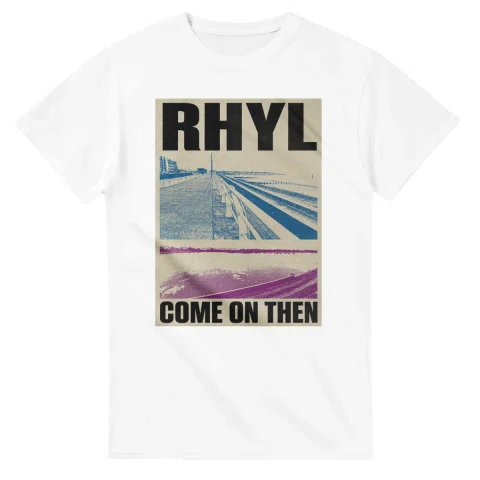 Two-colour scenic illustration for Rhyl, with the place name and COME ON THEN lettering.
