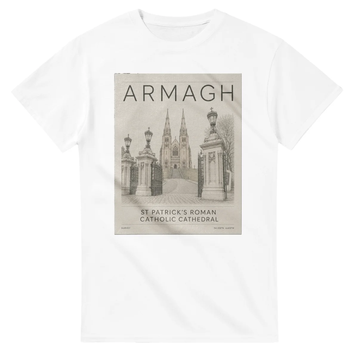 Fine-line engraving-style drawing for Armagh, with a landmark caption and small coordinate text.