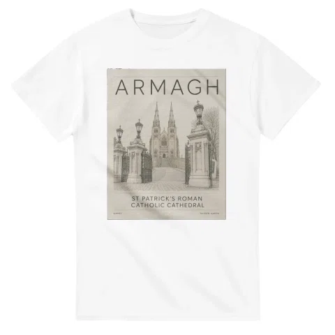 Fine-line engraving-style drawing for Armagh, with a landmark caption and small coordinate text.